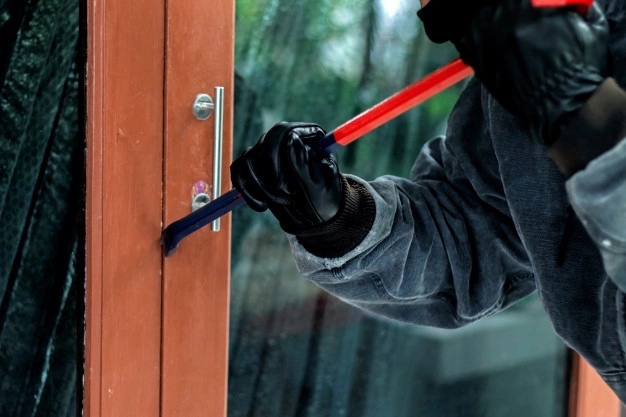 Burglar With Crowbar Trying Break Door Enter House 35071 971