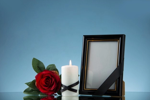 front view picture frame with candle red flower blue surface death evil funeral 179666 41886